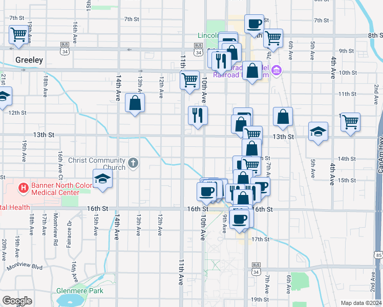 map of restaurants, bars, coffee shops, grocery stores, and more near 1019 14th Street in Greeley