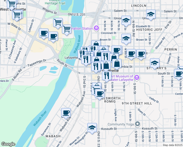 map of restaurants, bars, coffee shops, grocery stores, and more near 1101 South 3rd Street in Lafayette