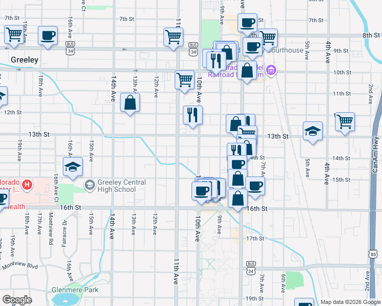 map of restaurants, bars, coffee shops, grocery stores, and more near 1019 14th Street in Greeley