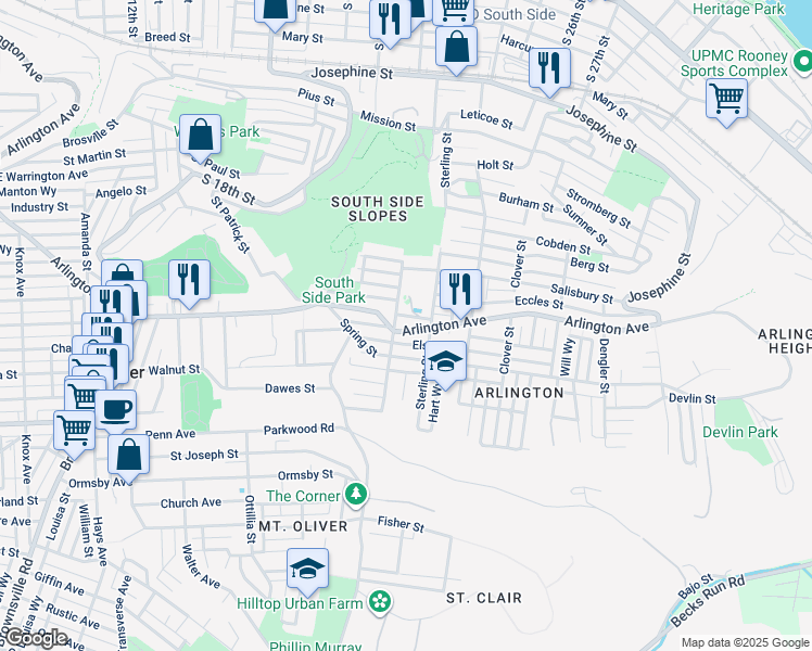 map of restaurants, bars, coffee shops, grocery stores, and more near 2211 Arlington Avenue in Pittsburgh