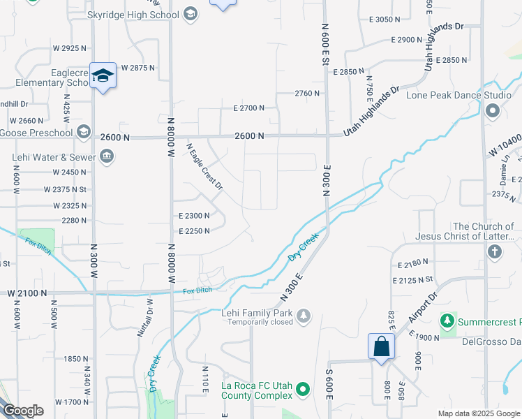 map of restaurants, bars, coffee shops, grocery stores, and more near East Eagle Crest Drive in Utah County