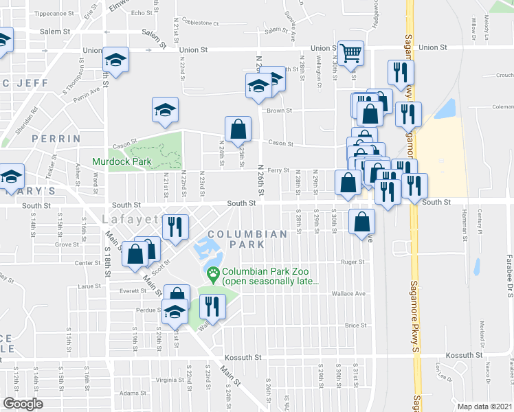map of restaurants, bars, coffee shops, grocery stores, and more near 2525 South St in Lafayette