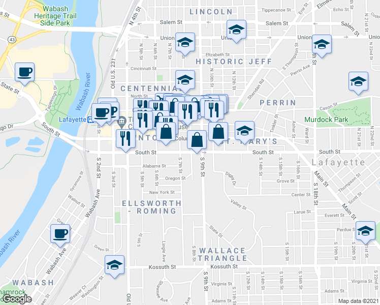 map of restaurants, bars, coffee shops, grocery stores, and more near 715 South Street in Lafayette