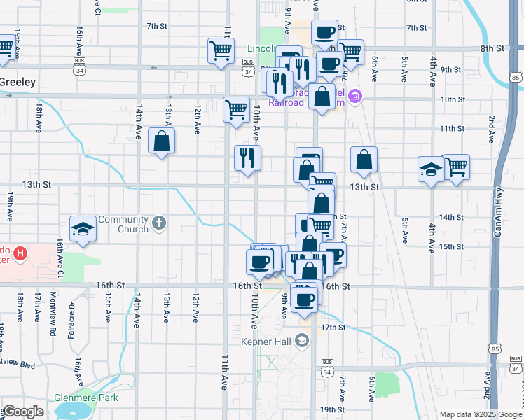map of restaurants, bars, coffee shops, grocery stores, and more near 1324 9th Avenue in Greeley