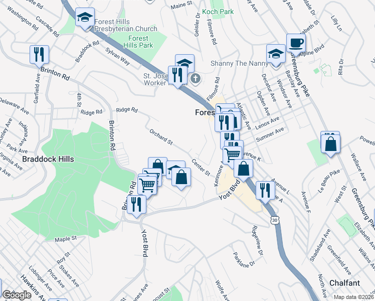 map of restaurants, bars, coffee shops, grocery stores, and more near 101 Orchard Street in Pittsburgh