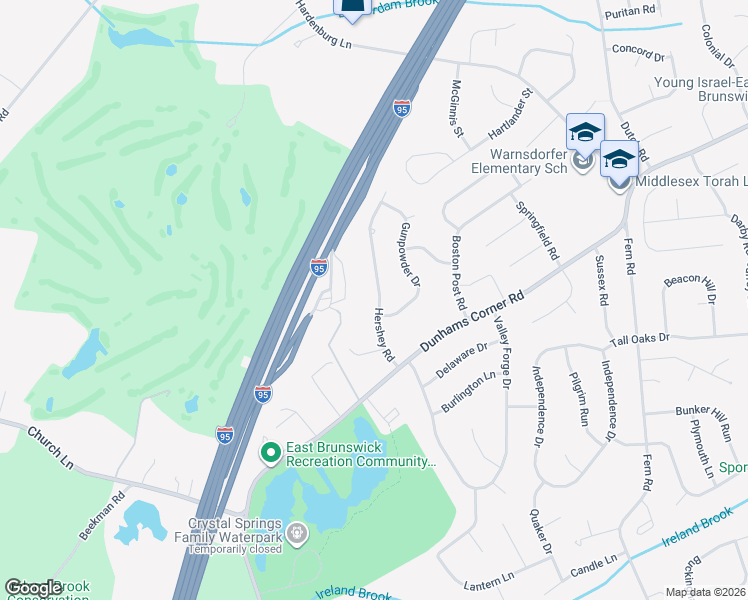 map of restaurants, bars, coffee shops, grocery stores, and more near 18 Hershey Road in East Brunswick