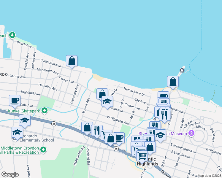 map of restaurants, bars, coffee shops, grocery stores, and more near 17 Avenue D in Atlantic Highlands