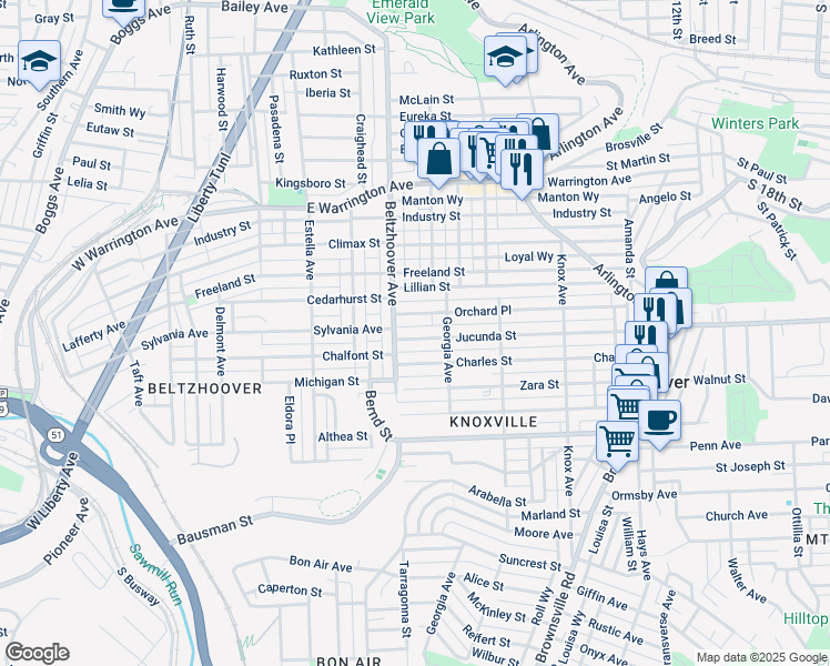 map of restaurants, bars, coffee shops, grocery stores, and more near 425 Jucunda Street in Pittsburgh