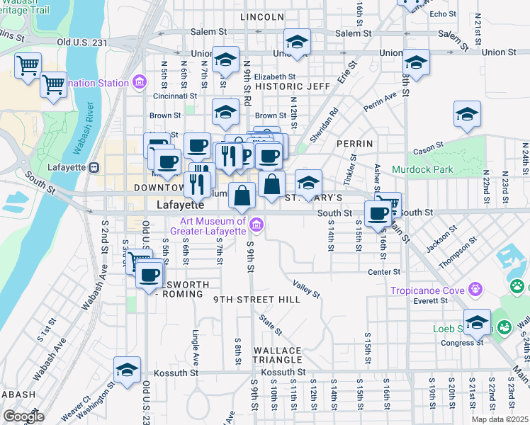 map of restaurants, bars, coffee shops, grocery stores, and more near in Lafayette