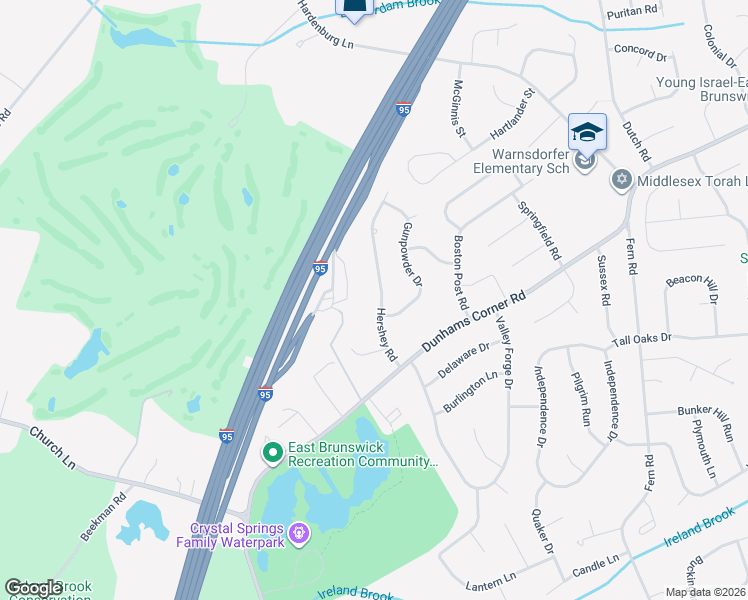 map of restaurants, bars, coffee shops, grocery stores, and more near 18 Hershey Road in East Brunswick