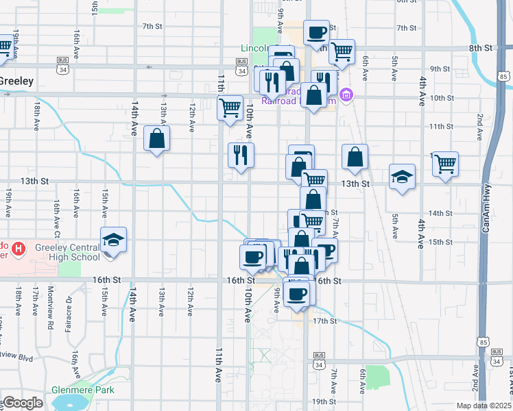 map of restaurants, bars, coffee shops, grocery stores, and more near 1324 9th Avenue in Greeley