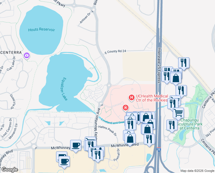 map of restaurants, bars, coffee shops, grocery stores, and more near 2251 Rocky Mountain Avenue in Loveland