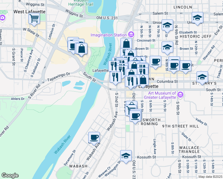 map of restaurants, bars, coffee shops, grocery stores, and more near 109 South Street in Lafayette