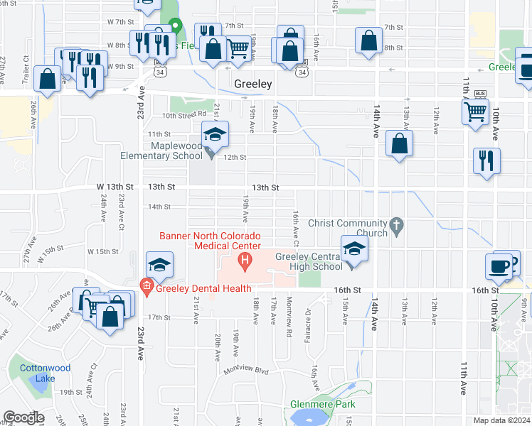 map of restaurants, bars, coffee shops, grocery stores, and more near 1808 14th Street in Greeley