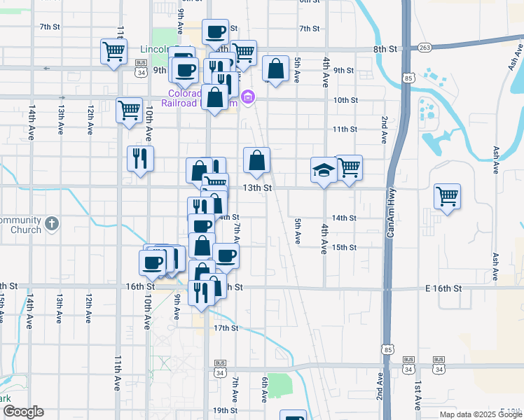 map of restaurants, bars, coffee shops, grocery stores, and more near 1325 6th Avenue in Greeley