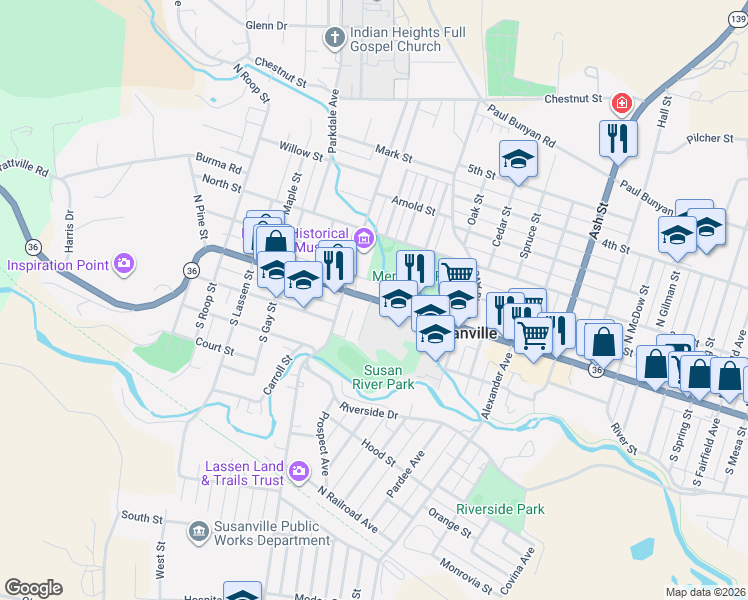 map of restaurants, bars, coffee shops, grocery stores, and more near 1067 Main St in Susanville
