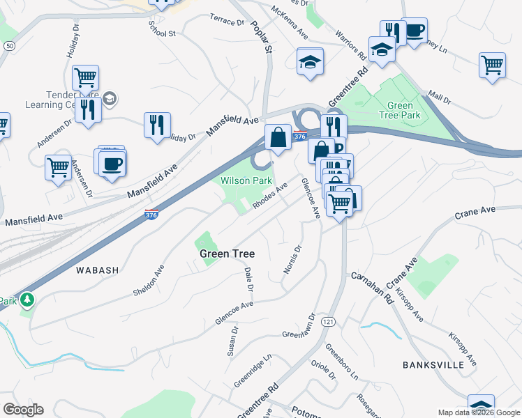 map of restaurants, bars, coffee shops, grocery stores, and more near 60 Rhodes Avenue in Pittsburgh