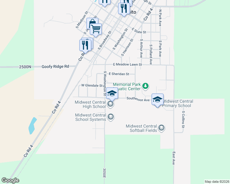 map of restaurants, bars, coffee shops, grocery stores, and more near 100 South Scott Court in Manito