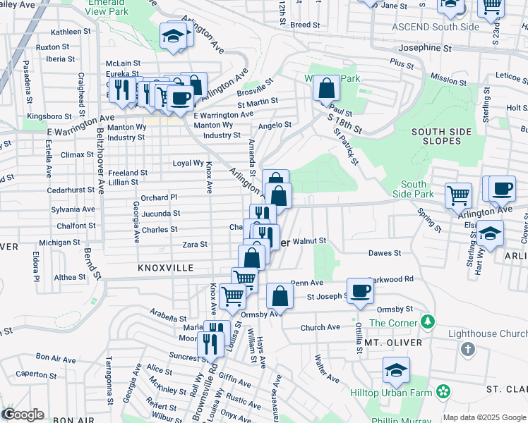 map of restaurants, bars, coffee shops, grocery stores, and more near 1630 Arlington Avenue in Pittsburgh