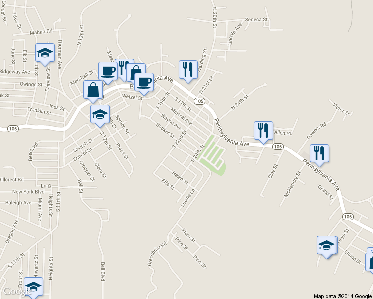 map of restaurants, bars, coffee shops, grocery stores, and more near 424 Booker Street in Weirton