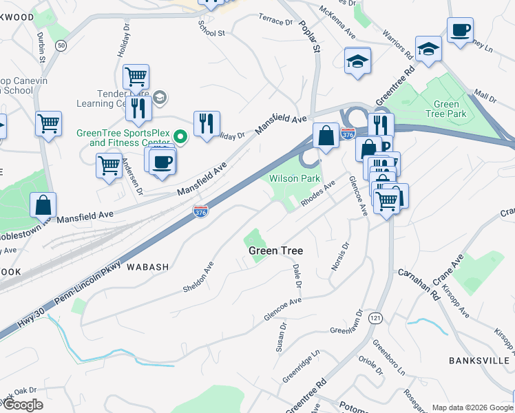 map of restaurants, bars, coffee shops, grocery stores, and more near 104 Parkedge Road in Pittsburgh