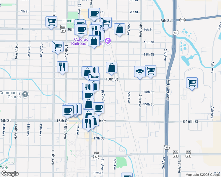 map of restaurants, bars, coffee shops, grocery stores, and more near 613 14th Street in Greeley