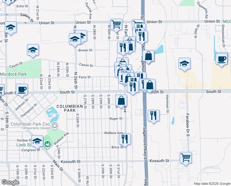 map of restaurants, bars, coffee shops, grocery stores, and more near 3023 South Street in Lafayette