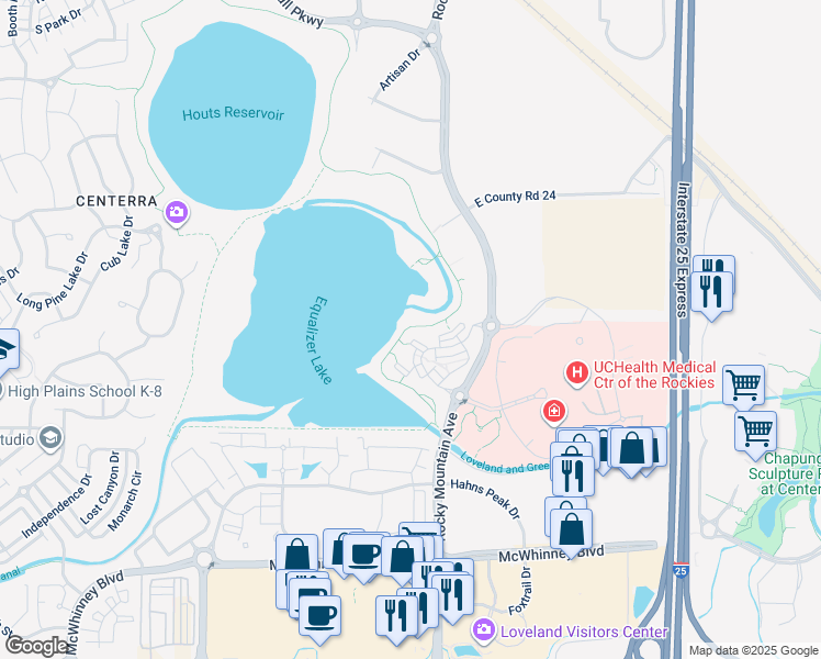 map of restaurants, bars, coffee shops, grocery stores, and more near 2251 Rocky Mountain Avenue in Loveland