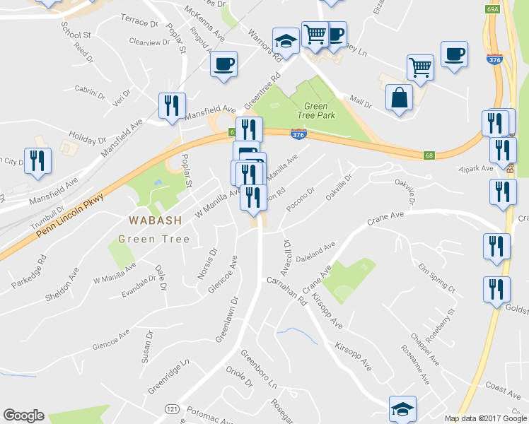 map of restaurants, bars, coffee shops, grocery stores, and more near 997 Greentree Road in Pittsburgh