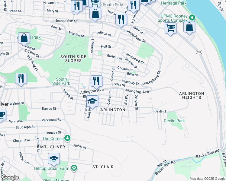 map of restaurants, bars, coffee shops, grocery stores, and more near 2506 Arlington Ave in Pittsburgh
