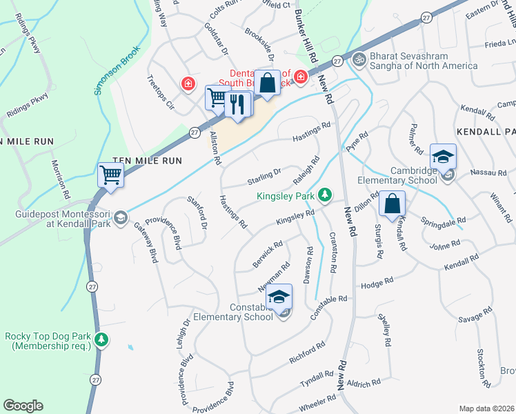 map of restaurants, bars, coffee shops, grocery stores, and more near 42 Raleigh Road in South Brunswick Township