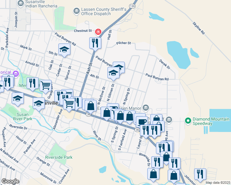 map of restaurants, bars, coffee shops, grocery stores, and more near 320 North Sacramento Street in Susanville