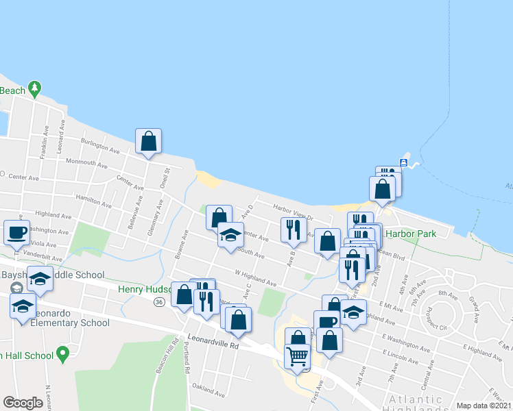 map of restaurants, bars, coffee shops, grocery stores, and more near 27 Harbor View Drive in Atlantic Highlands