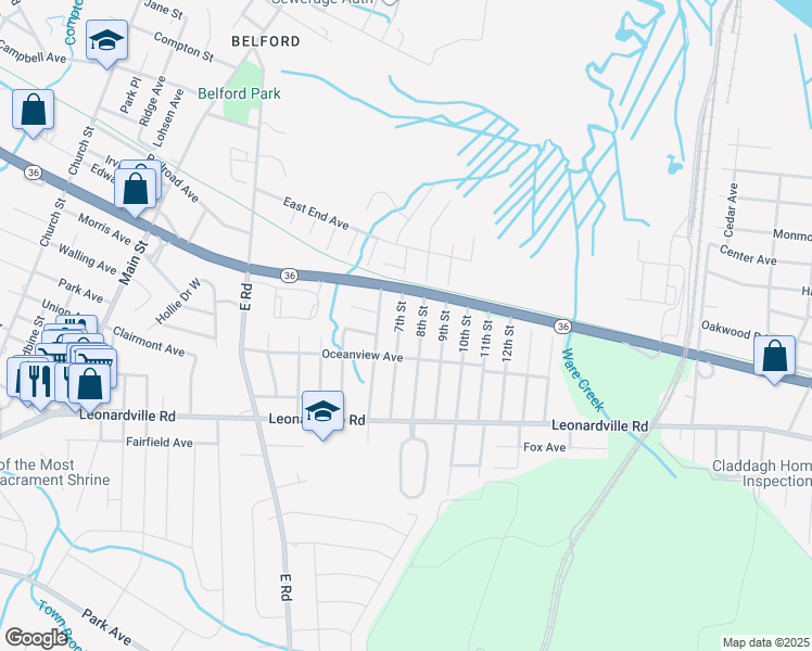 map of restaurants, bars, coffee shops, grocery stores, and more near 125 8th Street in Belford