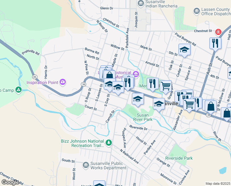 map of restaurants, bars, coffee shops, grocery stores, and more near 807 Cottage Street in Susanville