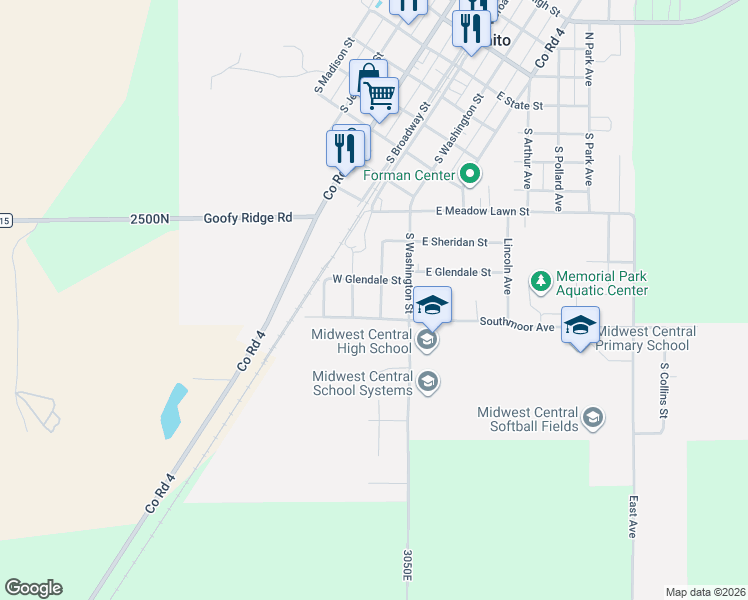 map of restaurants, bars, coffee shops, grocery stores, and more near 801-825 Meadow Lane in Manito