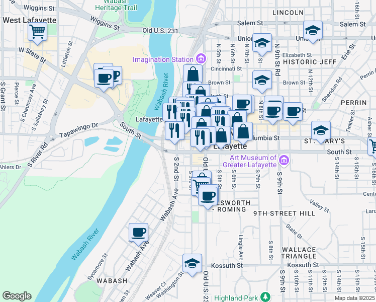 map of restaurants, bars, coffee shops, grocery stores, and more near 8 North 3rd Street in Lafayette