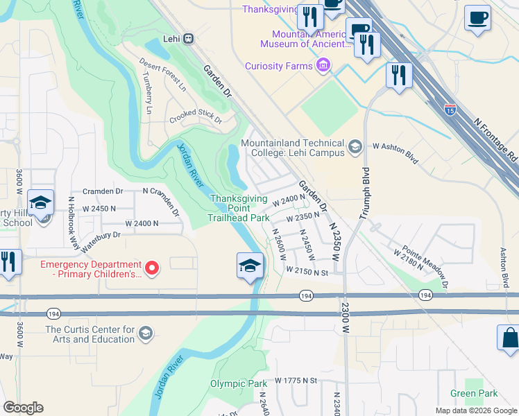 map of restaurants, bars, coffee shops, grocery stores, and more near 2664 West 2400 North in Lehi
