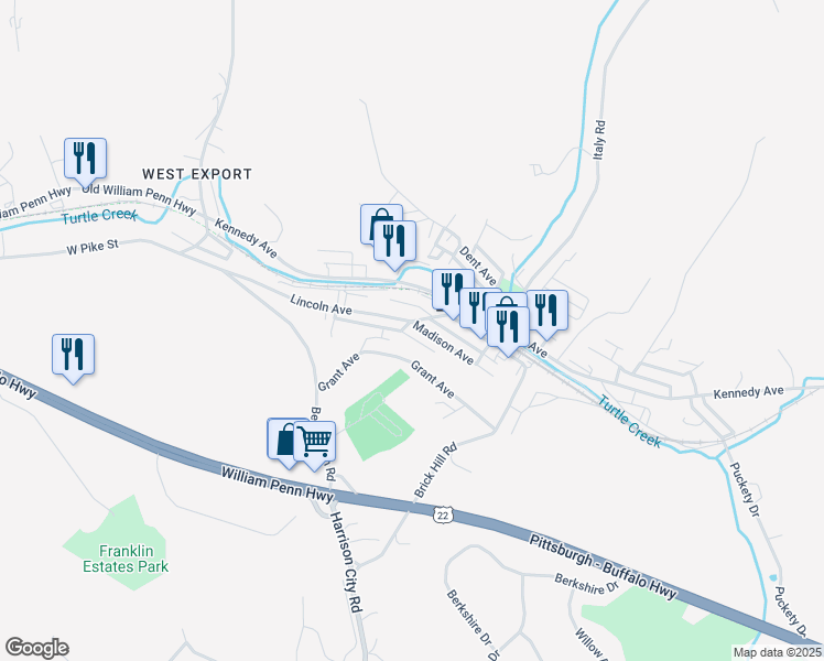 map of restaurants, bars, coffee shops, grocery stores, and more near 5797 Madison Avenue in Export