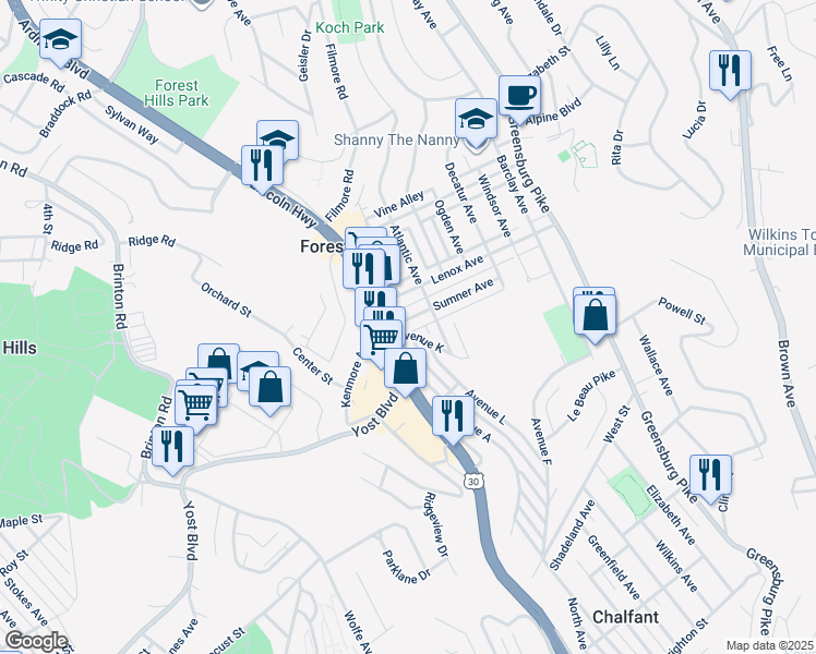 map of restaurants, bars, coffee shops, grocery stores, and more near 2215 Ardmore Boulevard in Pittsburgh
