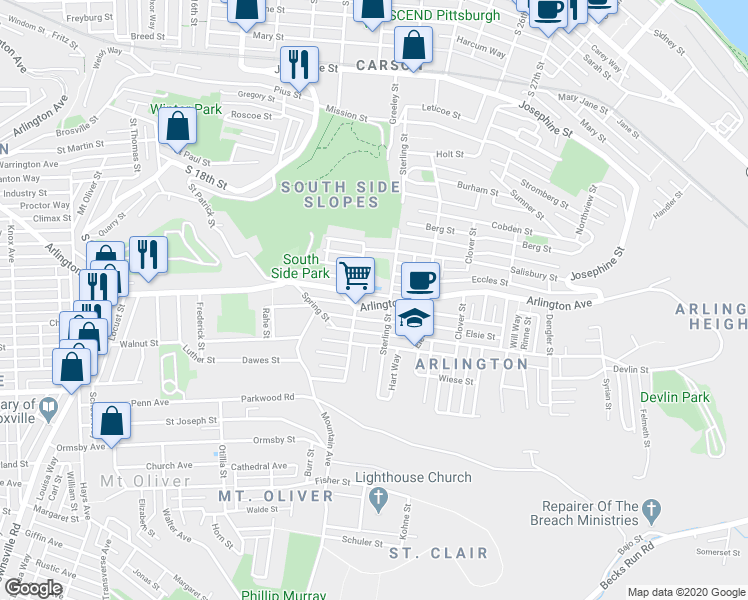 map of restaurants, bars, coffee shops, grocery stores, and more near 2211 Arlington Avenue in Pittsburgh