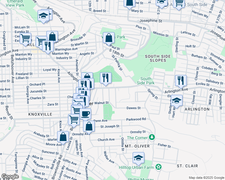 map of restaurants, bars, coffee shops, grocery stores, and more near 1786 Arlington Avenue in Pittsburgh