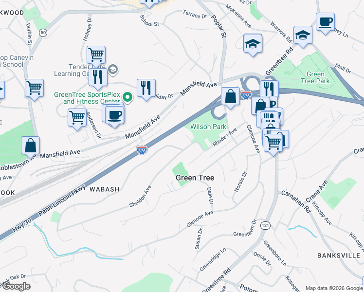 map of restaurants, bars, coffee shops, grocery stores, and more near 104 Parkedge Road in Pittsburgh