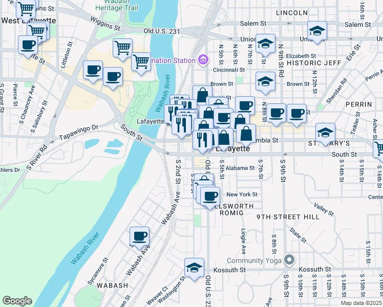 map of restaurants, bars, coffee shops, grocery stores, and more near 8 North 3rd Street in Lafayette