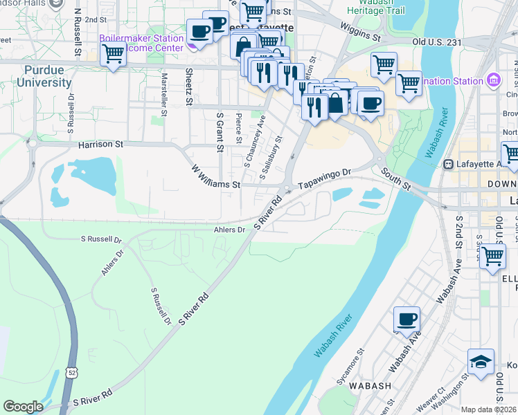 map of restaurants, bars, coffee shops, grocery stores, and more near 428 South Chauncey Avenue in West Lafayette