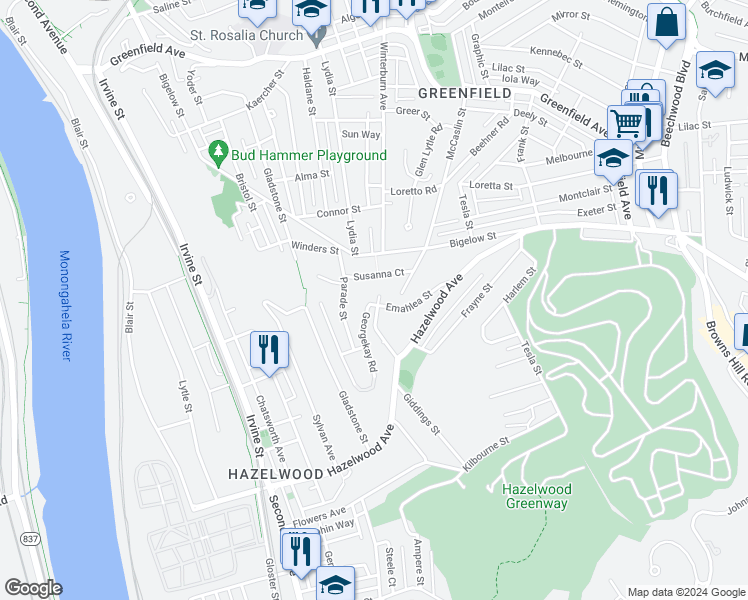 map of restaurants, bars, coffee shops, grocery stores, and more near 400 Emahlea Street in Pittsburgh