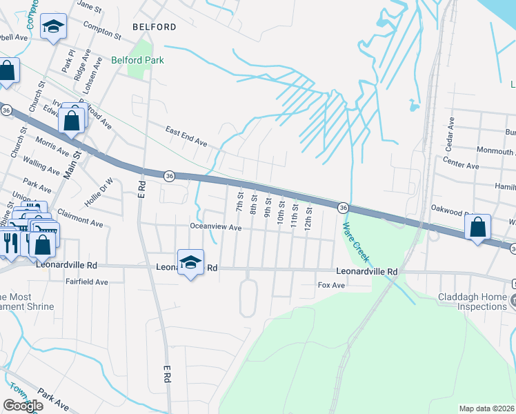 map of restaurants, bars, coffee shops, grocery stores, and more near 125 8th Street in Belford