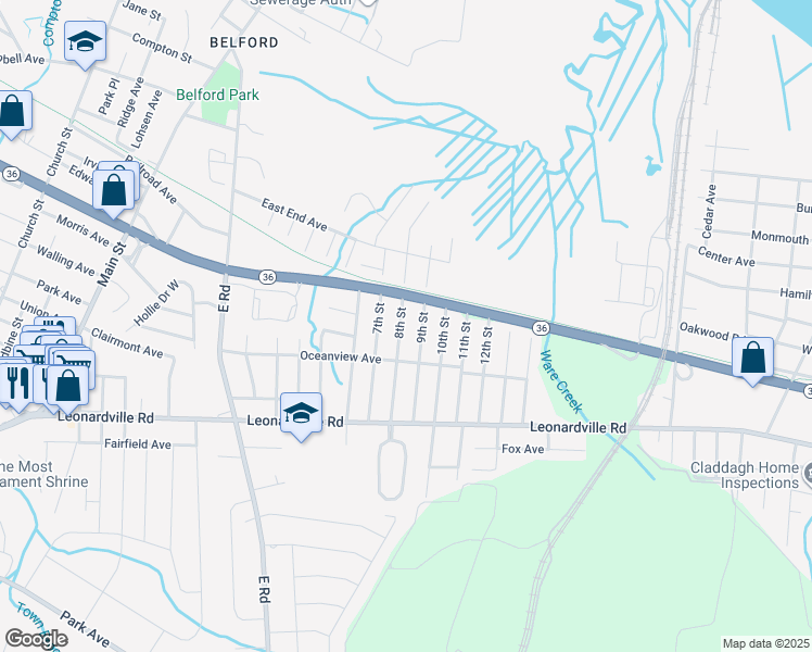 map of restaurants, bars, coffee shops, grocery stores, and more near 125 8th Street in Middletown Township