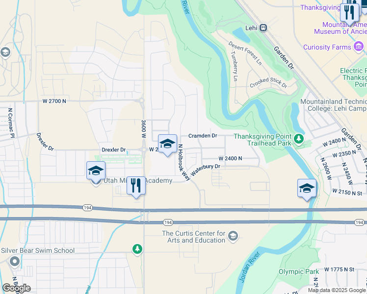 map of restaurants, bars, coffee shops, grocery stores, and more near 3376 West 2450 North in Lehi