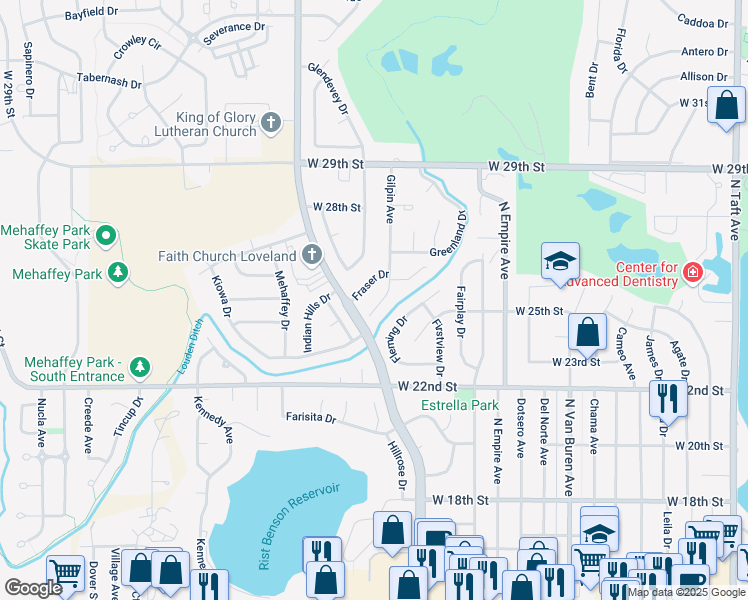 map of restaurants, bars, coffee shops, grocery stores, and more near 2541 Gilpin Court in Loveland